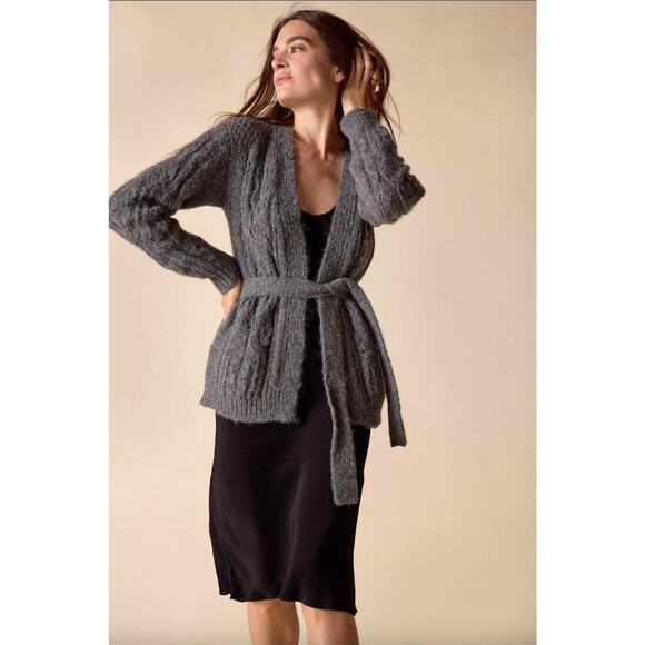 St. Roche Alpaca Cable Knit Cardigan Belted Gray XS Preppy Lounge Minimalist